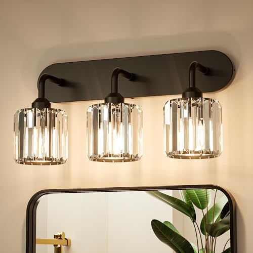 Keonjinn 3-Light Bathroom Light Fixtures, Crystal Black Bathroom Vanity Lights Over Mirror, Vanity Lighting Fixtures with Crystal Square Shades for Mirror, Modern Decor (E26 Base, Exclude Bulb) - color: Black, size: 3-Light