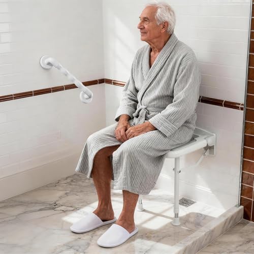 Wall Mounted Shower Seats with Bathroom Grab Bar(FSÄ/HSÄ), Support 550lbs, Adjustable Height Fold Down Shower Seat Wall Mounted Folding Shower Bench for Elderly-Adults-Pregnants-Seniors-Disabled - size: FSA/HSA Eligible-Shower Seat+Grab Bar