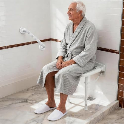 Wall Mounted Shower Seats with Bathroom Grab Bar(FSÄ/HSÄ), Support 550lbs, Adjustable Height Fold Down Shower Seat Wall Mounted Folding Shower Bench for Elderly-Adults-Pregnants-Seniors-Disabled - size: FSA/HSA Eligible-Shower Seat+Grab Bar
