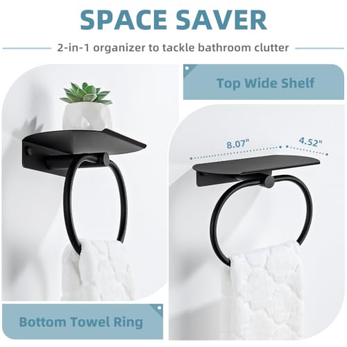 Suyar Oval Towel Ring with Shelf, Bathroom Hand Towel Holder Matte Black | SUS304 Stainless Steel, Space-Saving Solution, Versatile Top Shelf for Small Plants Toiletries Soap Phones, Wall Mounted - color: Matte Black