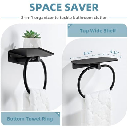 Suyar Oval Towel Ring with Shelf, Bathroom Hand Towel Holder Matte Black | SUS304 Stainless Steel, Space-Saving Solution, Versatile Top Shelf for Small Plants Toiletries Soap Phones, Wall Mounted - color: Matte Black