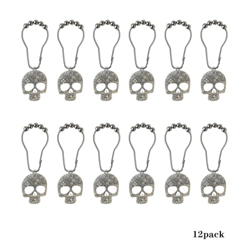 Skull Shower Curtain Hooks Decorative Rings for Bathroom Halloween Skeleton Bath Decor Stainless Steel Rustproof Shower Hanger Pack of 12 (Silver) - size: Skull