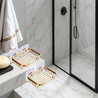 2Pcs Gold Soap Dish for Shower Creative Hanging Drain Rack,Self Adhesive Soap Dish Holder,Soap Holder Soap Dish Storage Rack,Damage Free Hanging Bathroom Drill Free Bathroom Accessories Soap Dishes