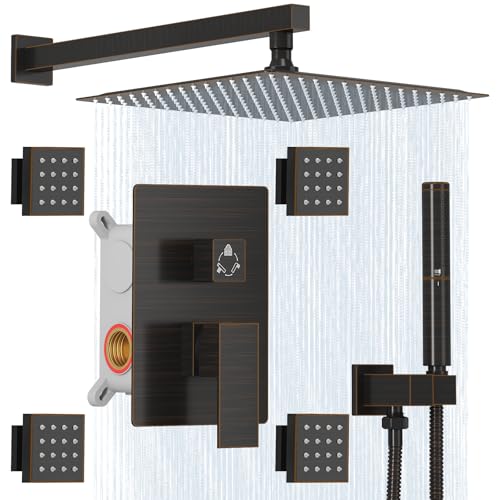 Hoimpro 12 Inch Rainfall Shower Faucet with 4 Full Body Shower Jet Fixtures Combo, Wall Mounted Shower System Set with Rain Mixer Shower Head and 2 in 1 Spray Handheld Showerhead, Oil Rubbed Bronze - color: Oil Rubbed Bronze
