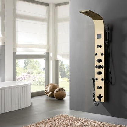 BWE Shower Panel Tower 304 Stainless Steel with 6 Body Jets and 2 Mist Sprays Polished Gold Rainfall Shower and Handheld Shower Shower System with Temperature Digital Display - color: Gold