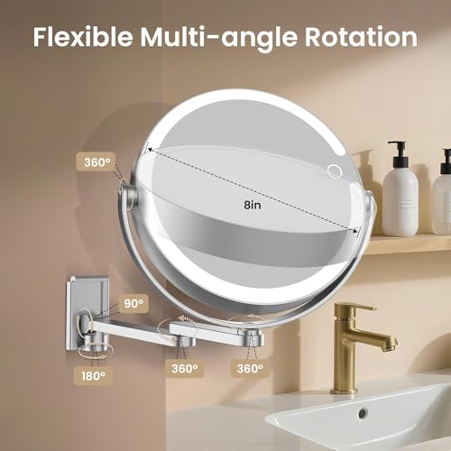 FRANO Wall Mounted Makeup Mirror with Lights, 8-inch 20X/1X Magnifying Mirror, Rechargeable LED Vanity Mirror with 3 Color Lights, 360° Swivel & Extendable Arm