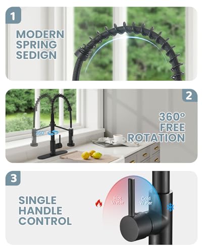 Kitchen Faucet Set, Black Kitchen Sink Faucets with Pull Down Sprayer and Soap Dispenser, Single Handle Stainless Steel Faucets for Kitchen Sinks, Farmhouse RV Faucet with Deck Plate - color: A-Matte Black, style: Contemporary
