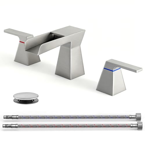 Brushed Nickel Waterfall Bathroom Faucet for 3-Hole Sinks 8 Inch Widespread Vanity Faucet with Modern Trapezoid Design, Two Handles, Pop-Up Drain & Hoses - color: C - Brushed Nickel