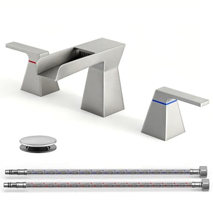 Brushed Nickel Waterfall Bathroom Faucet for 3-Hole Sinks 8 Inch Widespread Vanity Faucet with Modern Trapezoid Design, Two Handles, Pop-Up Drain & Hoses - color: C - Brushed Nickel