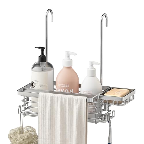 Hanging Shower Caddy, 304 Stainless Steel Shower Organizer with Towel Bar & Hooks, Over Shower Rod, Towel Bar or Glass Panel Storage Basket with Soap Holder, Rustproof Bathroom Caddy, 1 Pack - size: 1 Pack