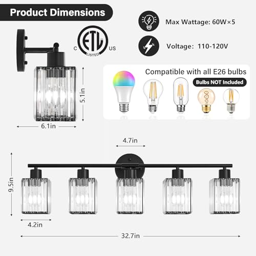 5 Light Bathroom Light Fixtures, Modern Crystal Vanity Lights over Mirror | Metal Frame, Bathroom Light with Square Crystal Shade, ETL Certified, E26 Ceramic Socket, Bulbs Not Included - color: Black, size: 5-Light