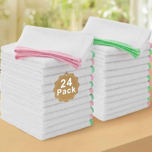 VOOVA & MOVAS White Wash Clothes 24 Pack, 100% Cotton, Thick, Green Pink Trim - size: 24PC Bar Towels (12"x12")