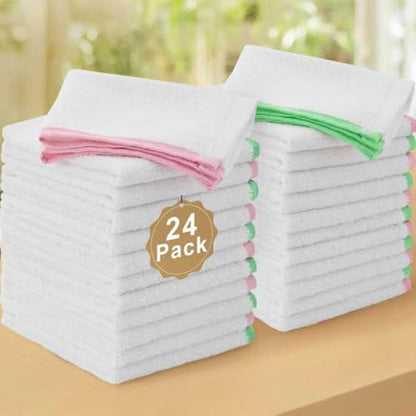 VOOVA & MOVAS White Wash Clothes 24 Pack, 100% Cotton, Thick, Green Pink Trim - size: 24PC Bar Towels (12"x12")
