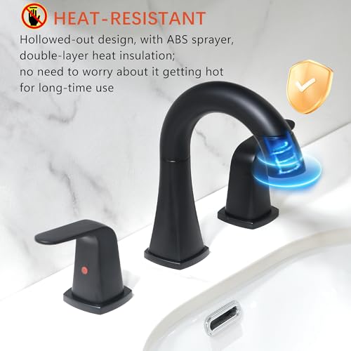 Pull Down Bathroom Faucet Black- Matte Black Sink Faucet with Sprayer, Bathroom Pull Out Faucets, 2-Handles Widespread Vanity Faucets 3 Hole 8 Inch 360 Swivel Spout with Pop-up Drain & Lines - color: Black