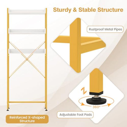Giantex Over The Toilet Storage Shelf, 3-Tier Freestanding Space Saver Above Toilet with 4 Hooks, Adjustable Bottom Bar, Over Toilet Bathroom Organizer for Restroom, Laundry, Easy Assembly - color: White + Gold