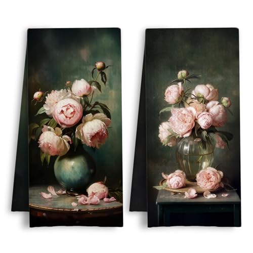 Pink Rose Floral Kitchen Towels, Dark Cottagecore Botanical Dish Tea Towels, Moody Vintage Flower Plant Decorative Hand Towel for Bathroom Kitchen, 16x24 Inch Set of 2 - color: Pink Rose Floral