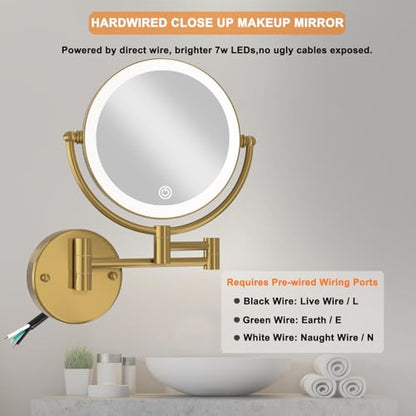 8" Lighted Wall Mounted Makeup Mirror 1X/10X Magnification Gold | Rechargeable, 2 Sided, 3 Color LED with Touch Dimming, 360 Swivel Extendable Arm Vanity Shaving, Brushed Moderne Brass - color: Brushed Moderne Brass