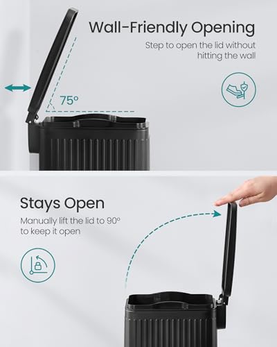 SONGMICS Bathroom Trash Can, 1.6-Gallon (6 L) Trash Bin with Lid, Slim for Small Spaces, Stainless Steel Garbage Can, Soft Close, Black ULTB563B02 - color: Black, style: 1.6 Gal. & fluted design