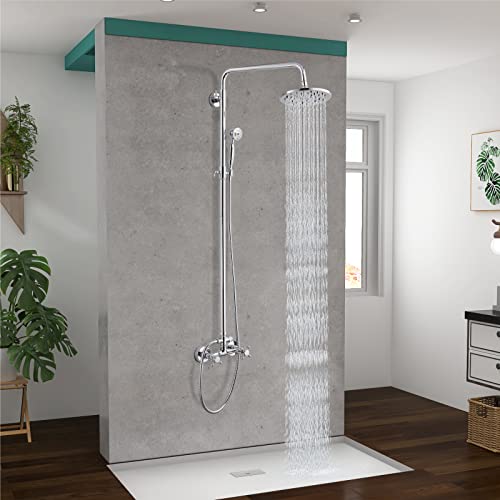 Heyalan Dual Shower System, 8 Inch Rain Head, Handheld, Polished Chrome | Dual shower system with 8 inch rain head, handheld sprayer, exposed pipe design, two-handle control, and brass body. - color: Polished Chrome