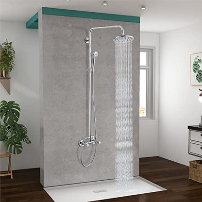 Heyalan Dual Shower System, 8 Inch Rain Head, Handheld, Polished Chrome | Dual shower system with 8 inch rain head, handheld sprayer, exposed pipe design, two-handle control, and brass body. - color: Polished Chrome