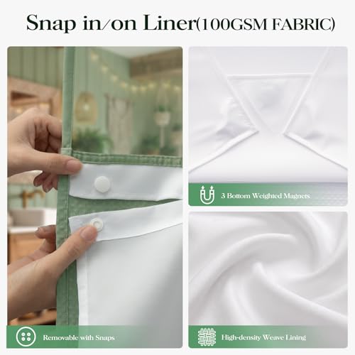 Sage Green Hook Free Waffle Shower Curtain & Snap-in Liner,60x75 | Less Time to install, 3 in 1 Fabric Shower Curtain and Liner Set with Magnets, Stall, Shower Curtains for Bathroom - color: A Sage Green, size: 60"W x 75"L (Pack of 1)