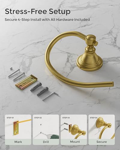 Gold Towel Ring Wall Mounted for Bathroom, Hand Towel Holder | Brushed 304 Stainless Steel Heavy Duty Towel Hanger Waterproof & Rustproof Towel Holder Raised Base - color: Gold