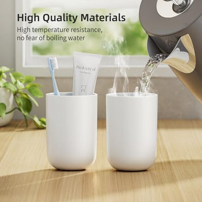 MOPMS 13oz Bathroom Tumbler 2PC, Unbreakable Plastic Cup，White | Unbreakable 380ml plastic bathroom tumbler with non-slip grip. Durable, reusable toothbrush cup for home and travel. - color: White-2 Pcs