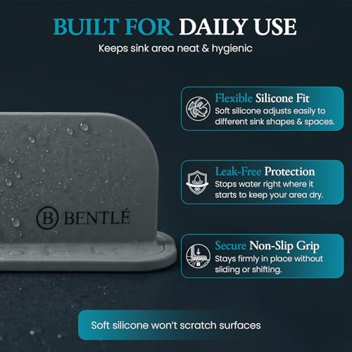 BENTLE Silicone Sink Splash Guard for Kitchen Sink - Modern Faucet Splash Guard, Non-Slip Countertop Water Protector, Dishwater Safe, Gray (19.2 x 1.9 x 3.3")