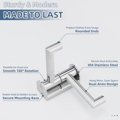 Aomasi 180° Swivel Towel Hook for Bathroom, 304 Stainless Steel Wall Mounted Double Robe Hook, Heavy Duty 11LB Towel Hanger, Polished Chrome - color: Polished Chrome, size: 1 Pack