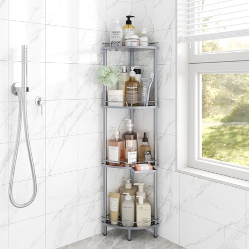 ELYKEN Corner Shower Caddy Standing, 4 Tier Metal Shower Organizer, Silver | Stainless Steel Shower Shelves with Soap Holder, Adjustable Feet & 2 Hooks for Storing Bath Essentials in Bathroom corner - color: Silver, size: 4 Tier