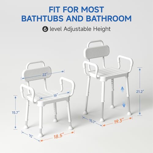 Loyoda Shower Chair for Inside Shower with Back & Arms, Ideal for Seniors | Height Adjustable Shower seat for Disabled, 350 lb Capacity, Non-Slip, Rust-Resistant Aluminum Frame - size: Neutral Gray
