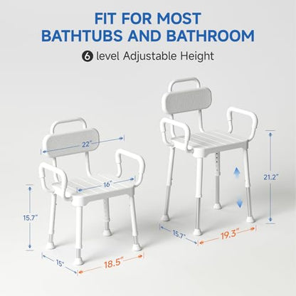 Loyoda Shower Chair for Inside Shower with Back & Arms, Ideal for Seniors | Height Adjustable Shower seat for Disabled, 350 lb Capacity, Non-Slip, Rust-Resistant Aluminum Frame - size: Neutral Gray