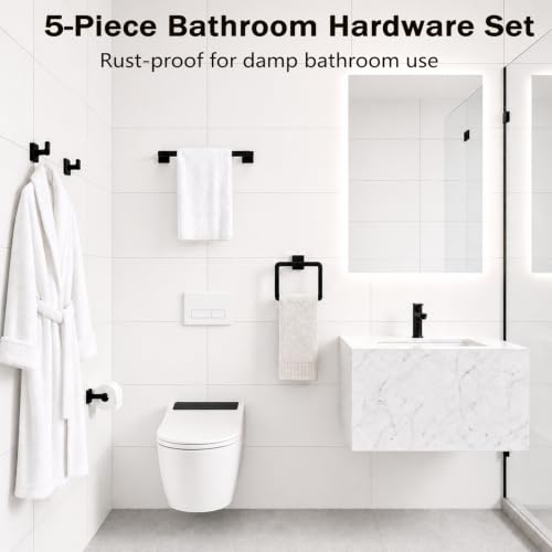 5-Piece Matte Black Bathroom Accessorys Stainless Steel Towel Bar Set | Square with Toilet Paper Holder Towel Ring Hook and Towel Racks for Bathroom Wall Mounted Bathroom Hardware Set - color: Matte Black