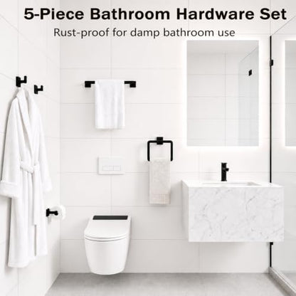 5-Piece Matte Black Bathroom Accessorys Stainless Steel Towel Bar Set | Square with Toilet Paper Holder Towel Ring Hook and Towel Racks for Bathroom Wall Mounted Bathroom Hardware Set - color: Matte Black