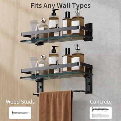 Bathroom Shelves Wall Mounted, Clear Tempered Glass Shelf with Towel Bar, Hand Towel Holder(Matte Black) - color: Black, size: Combo Set