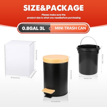 Small Bathroom Trash Can with Natural Bamboo Lid Soft Close，3 Liter / 0.8 GallonStainless Steel Garbage Can with Removable Inner Bucket andStep Pedal（Black） - color: Black