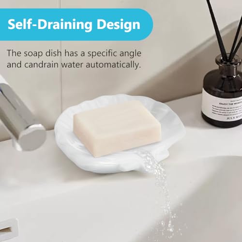 Ceramic Soap Holder, Sea-Shell Soap Tray with Self Draining, Soap Tray for Sink Washroom Bathroom Shower, Small Cute and Elegant Holder with Glaze, Easy Cleaning (White) - color: White