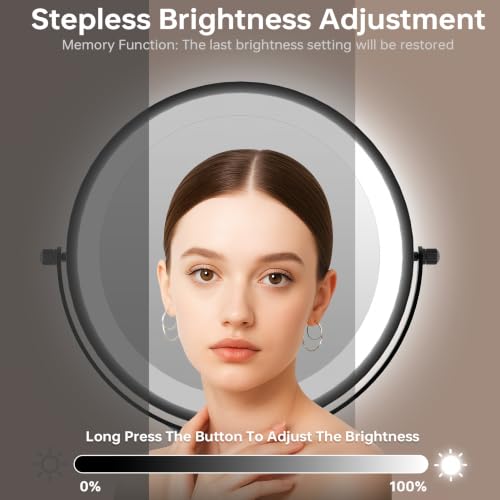 7" Lighted Makeup Mirror with Lights and 1X/10X Magnification,Black | Double Sided Standing Magnifying Vanity Mirror with Light, Blessed Cross, Height Adjustable, Rechargeable, Dimmable, Light Up