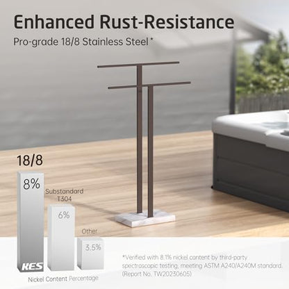 KES Bronze Standing Towel Rack with Weighted Marble Base, Towel Rack Stand | 2-Tier Bath Towel Holder, Holds Bath And Hand Towels, Anti-Slip Pads, Bathroom Floor, No Drilling, 18/8 Stainless Steel - color: Bronze, size: 33” H (2-tier)