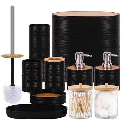 10 PCS Black Bathroom Accessories Set with Trash Can Bathroom Accessory | All-in-One Kit with Trash Can,Toothbrush Holder,Soap Dispenser,Toothbrush Cup,Vanity Tray,Soap Dish,Toilet Brush etc for Home - color: Black