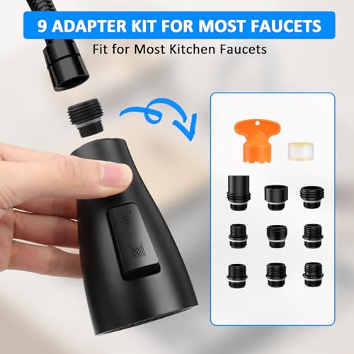 MILD EAST Kitchen Faucet Head Replacement, Premium 3-Function Pull Down Spray Head with 9 Universal Adapters, Sink Faucet Head compatible with Moen, American Standard Faucets, Black