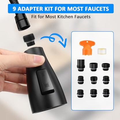 MILD EAST Kitchen Faucet Head Replacement, Premium 3-Function Pull Down Spray Head with 9 Universal Adapters, Sink Faucet Head compatible with Moen, American Standard Faucets, Black