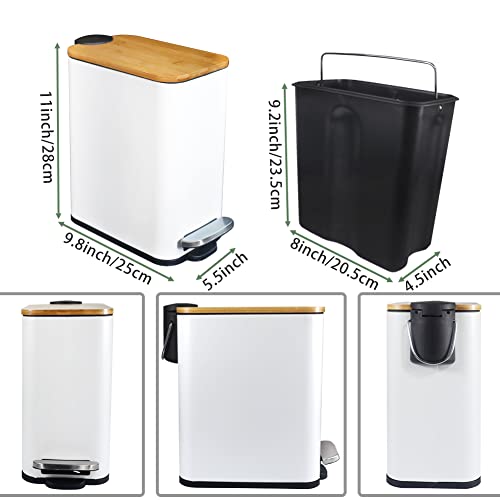 SIDIANBAN Bathroom Trash Can with Bamboo Lid Soft Close and Foot Pedal, Small Rectangular Slim Garbage Can with Inner Wastebasket for Bedroom, Office, Kitchen, 1.3Gal/5L, White | Small Rectangular Slim Garbage Can with Inner Wastebasket for Bedroom, Offic