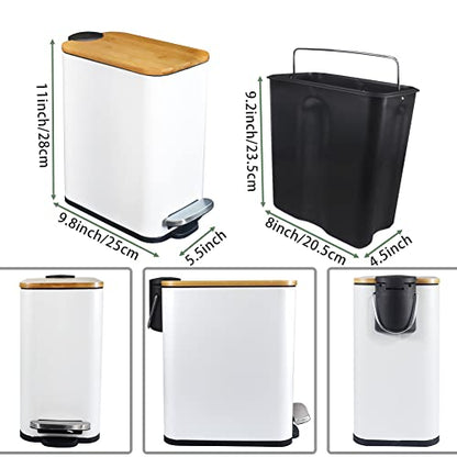 SIDIANBAN Bathroom Trash Can with Bamboo Lid Soft Close and Foot Pedal, Small Rectangular Slim Garbage Can with Inner Wastebasket for Bedroom, Office, Kitchen, 1.3Gal/5L, White | Small Rectangular Slim Garbage Can with Inner Wastebasket for Bedroom, Offic