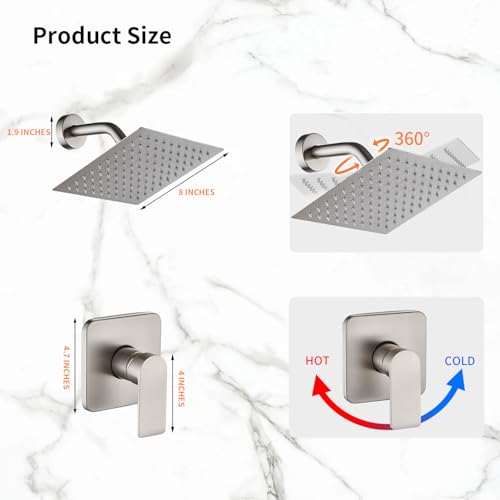 Brushed Nickel Shower Faucet Single Function Trim Kit with Rough-in Valve Set Bath Rainfall Shower System 8inch Square Stainless Steel Metal Shower Head - color: Brushed Nickel