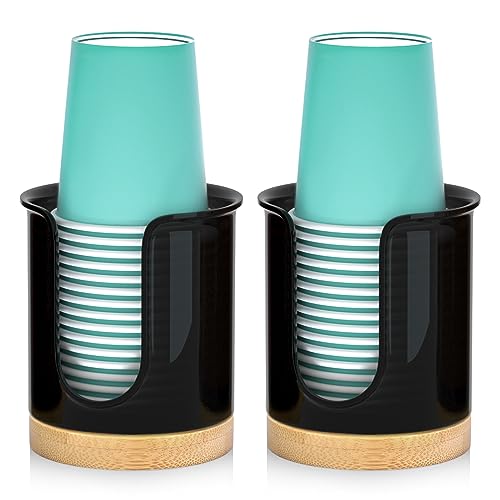 2 Pack Paper Cup Dispenser - Holds 3 oz Mouthwash Cups - Ideal for Bathroom Vanity Countertops (Black) - color: Black/Bamboo, size: 3 OZ