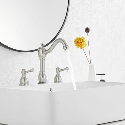 2 Handles 3 Holes Faucet Widespread Bathroom Sink Faucet Basin Tap Mixer Supply Hose Included Matching Pop Up Drain Brushed Nickel - color: Brushed Nickel, size: Widespread