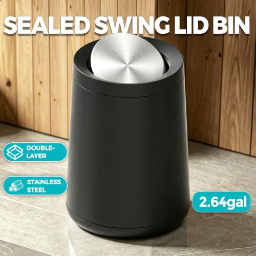 Small Bathroom Trash Can with Lid,2.6Gal Matte Black 丨Removable Inner Bucket - color: black