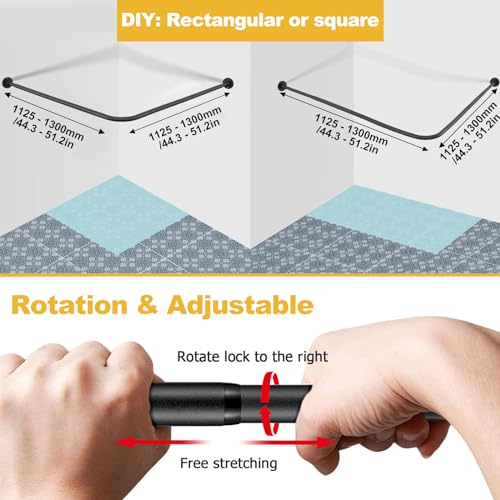 Corner Shower Curtain Rod, 30"-51.2" x 30"-51.2" Adjustable L Shaped Shower Curtain Rod, Industrial Shower Pole Wall Mounted for Bathroom,Closet,Room Divider,Outdoor Patio, Black