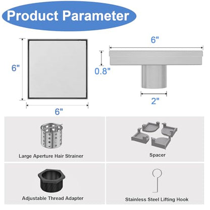 6 Inch Square Shower Drain-Brushed Nickel, with Tile Insert Grate | AISI 304 Stainless Steel Shower Drain, Shower Floor Drain with Hair Catcher, Fits Bathroom, Balcony - color: Brushed Nickel, size: 6 Inch